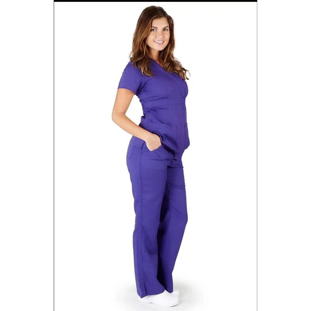 Ultra Soft Womens Mock Wrap Scrub Set With Button-Tab Closure Drawstring Waist &